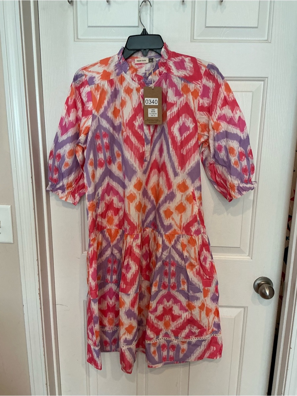 Ikat Print Tiered Mini Dress in Pink & Purple